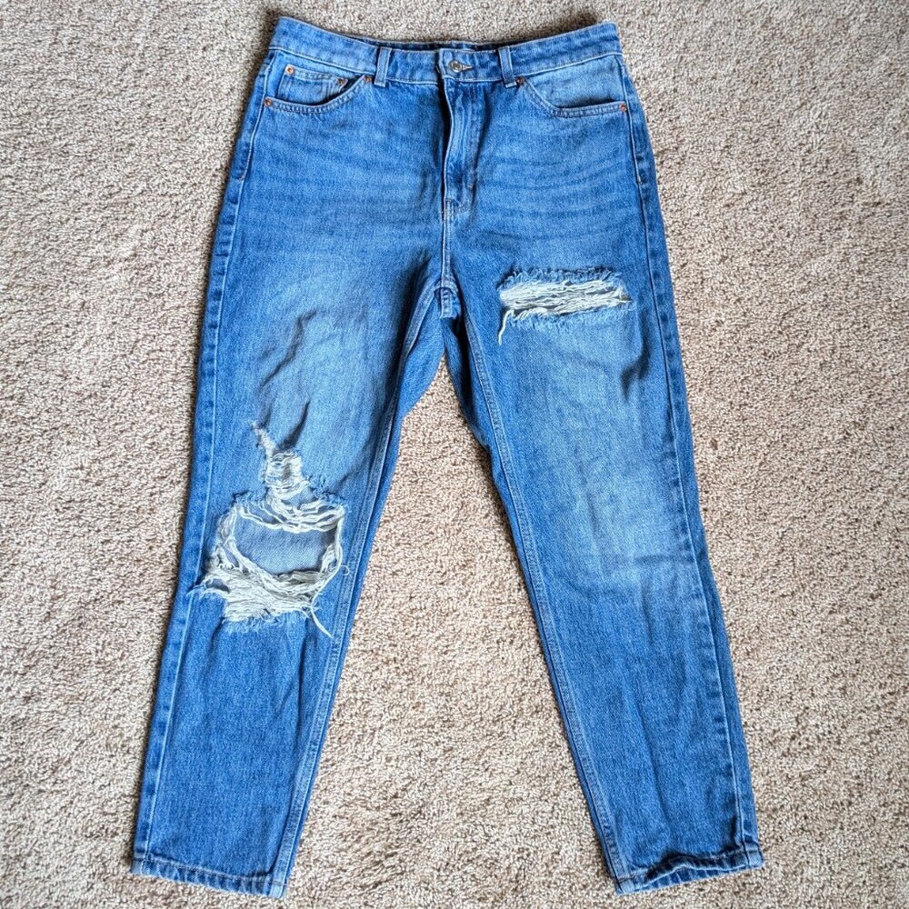 Topshop Jeans Womens Sz 32 Blue Mom High Waist Tapered Distressed Ripped Cotton